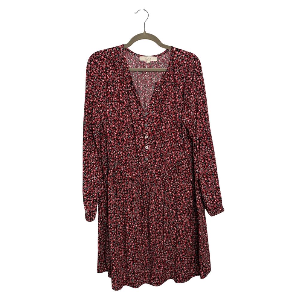 LOFT Floral Side Tie Swing Dress Pink Ditsy Mini Long Sleeve Women's Medium